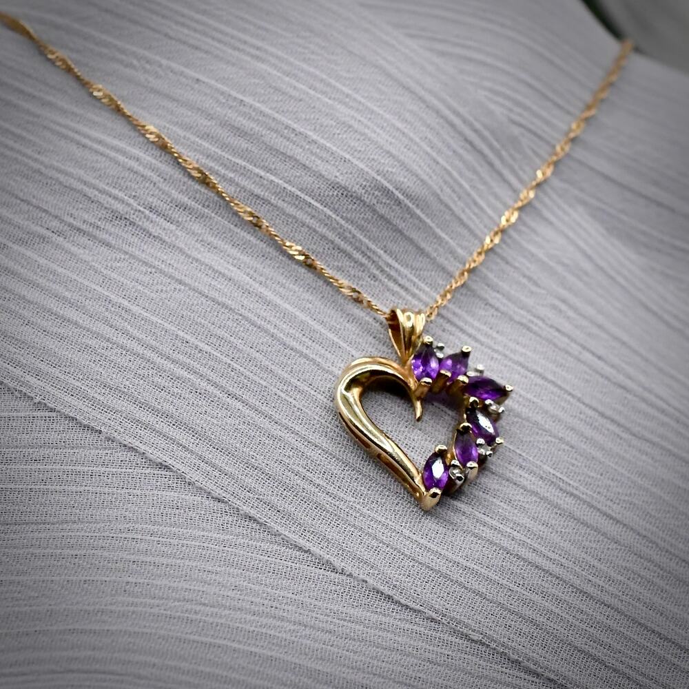 14K Gold Chain 10K Amethyst Heart Pendant Necklace Set Fine Jewelry